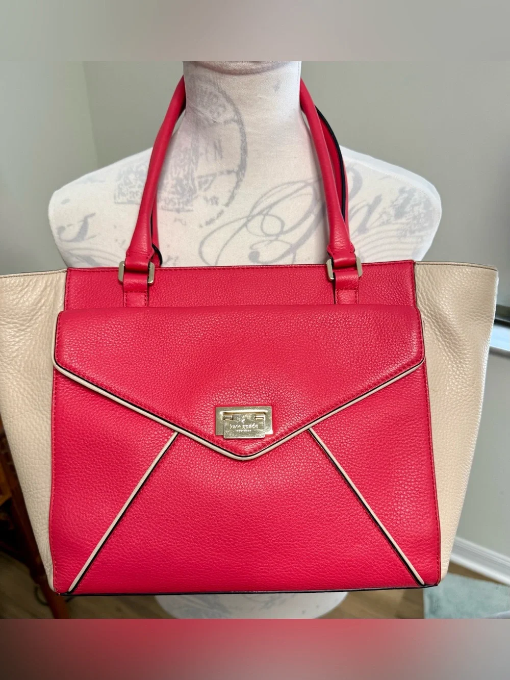 KATE SPADE Leather Envelope Zipper Top Shoulder Tote Bright Pink Beige